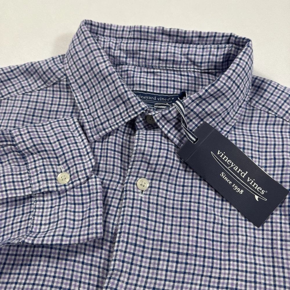 Vineyard Vines Mens Purple Blue Micro Check Linen Button Down Shirt Size XL NWT